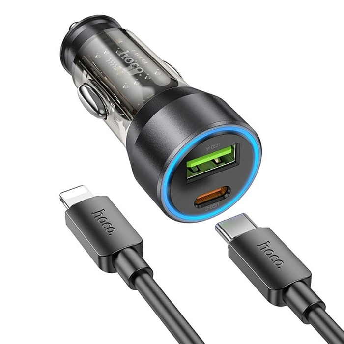 HOCO NZ12A Action PD43W USB + Type-C Araç Çakmaklık Hızlı Şarj Aleti + Type-C to iPhone Lightning Ka