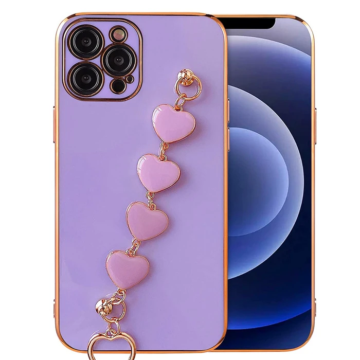 Ally iPhone 12 Pro Max 6.7inç Kılıf Kalp Bileklik Tutuculu Lüx Silikon Askılı Kılıf