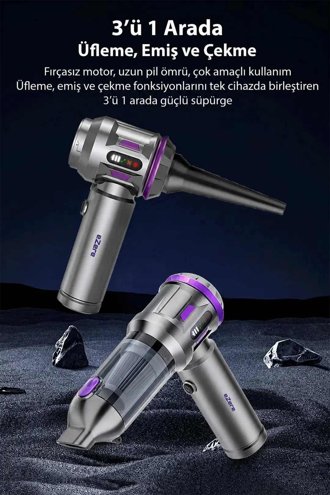 EZERE TurboVac 20000pa Güçlü Dijital Göstergeli Vakumlu Kablosuz Üflemeli Mini Araç Süpürgesi
