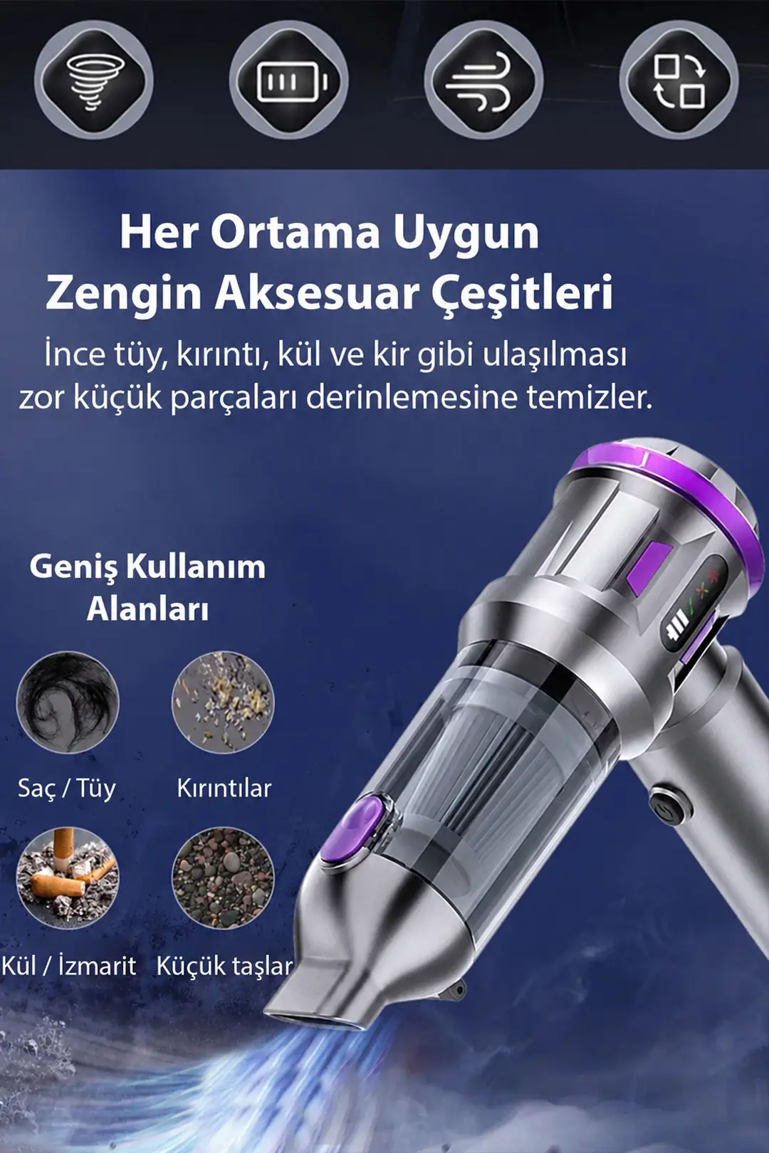 EZERE TurboVac 20000pa Güçlü Dijital Göstergeli Vakumlu Kablosuz Üflemeli Mini Araç Süpürgesi