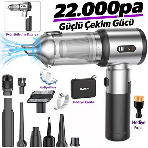Ezere DuoForceVac 22000pa Güçlü Portatif Taşınabilir Vakumlu Kablosuz Üflemeli Mini Araç Süpürgesi
