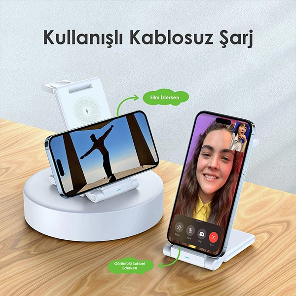 Duzzona 15W Katlanır 3 in 1 Telefon Kulaklık Saat Kablosuz Şarj Standı