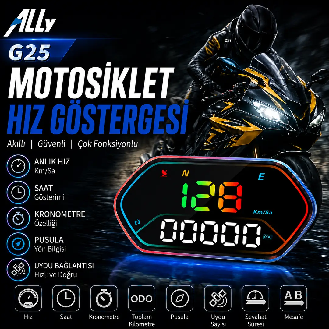 Ally HUD G25 OBD2 + GPS Head Up Display HUD Dijital Hız Göstergesi - Motosiklet ile Uyumlu