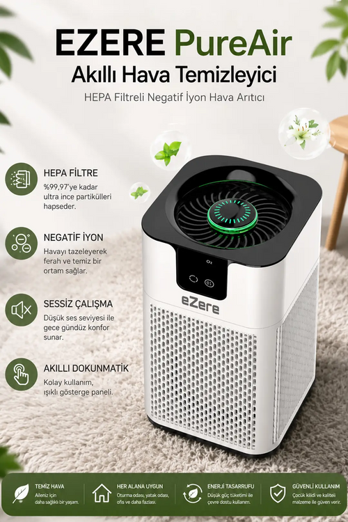 EZERE PureAir Akıllı Hava Temizleyici HEPA Filtreli Negatif İyon Hava Arıtıcı
