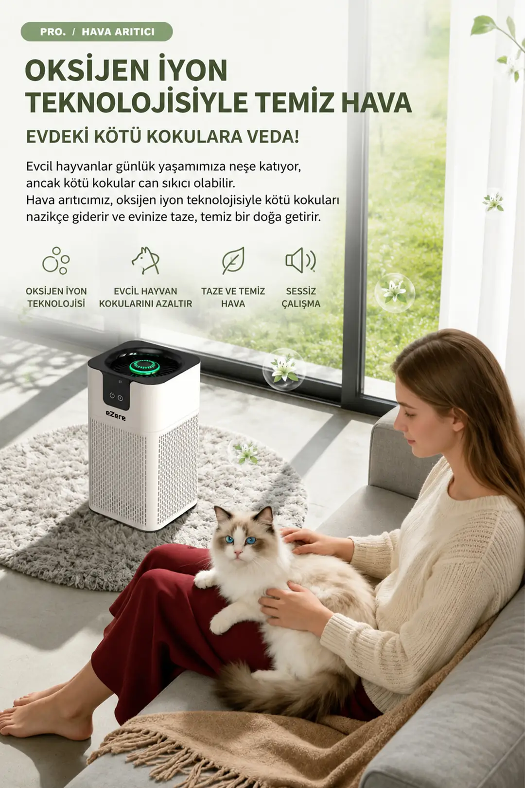 EZERE PureAir Akıllı Hava Temizleyici HEPA Filtreli Negatif İyon Hava Arıtıcı