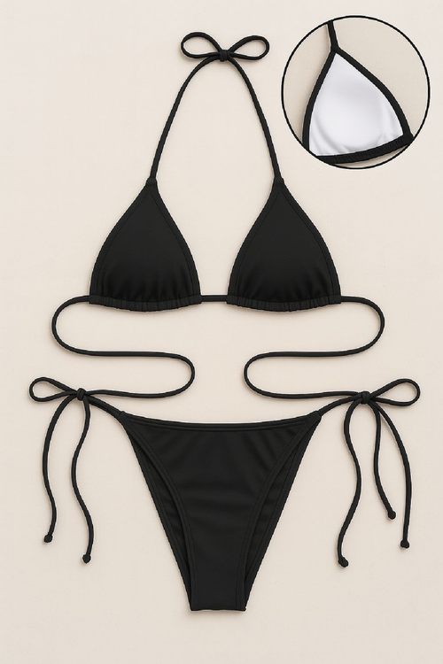 Kadın Siyah Yandan ve Boyundan Bağlamalı Bikini Mayo Takımı