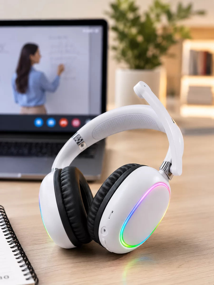 Beyaz Bluetooth 5.0 Mikrofonlu Kablosuz Kulak Üstü Kulaklık RGB Işıklı Type-C Şarjlı