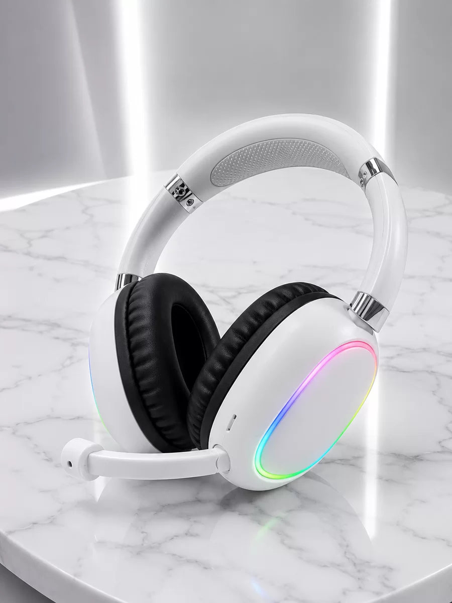 RGB Işıklı Mikrofonlu Bluetooth Kulaklık Beyaz Over-Ear Tasarım Type-C Şarjlı