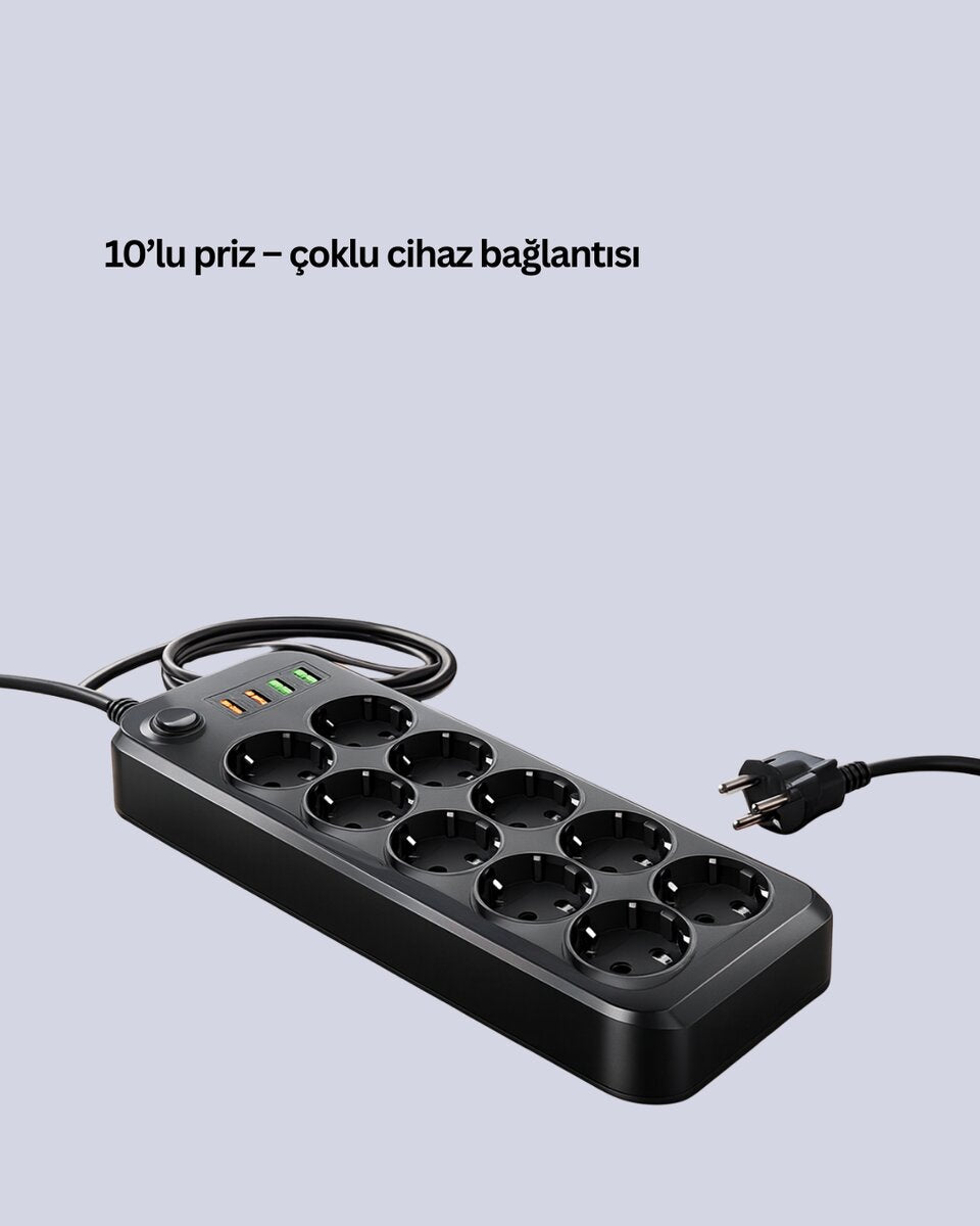 USB Type-C Destekli 10’lu Grup Priz Termal Korumalı 2m Kablo 2500W