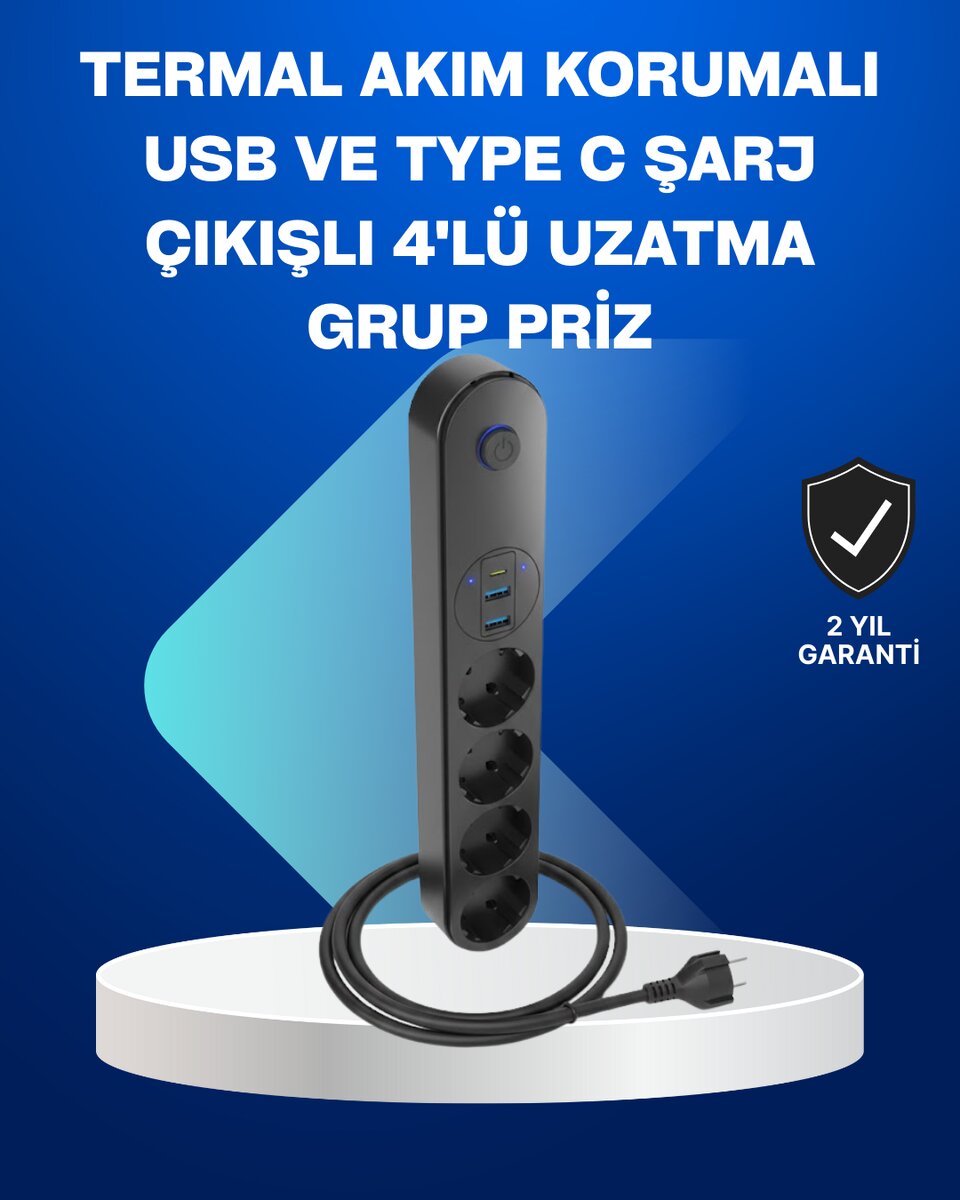 Akıllı Akım Dengelemeli 4’lü Çoklu Priz Type-C ve USB Çıkışlı