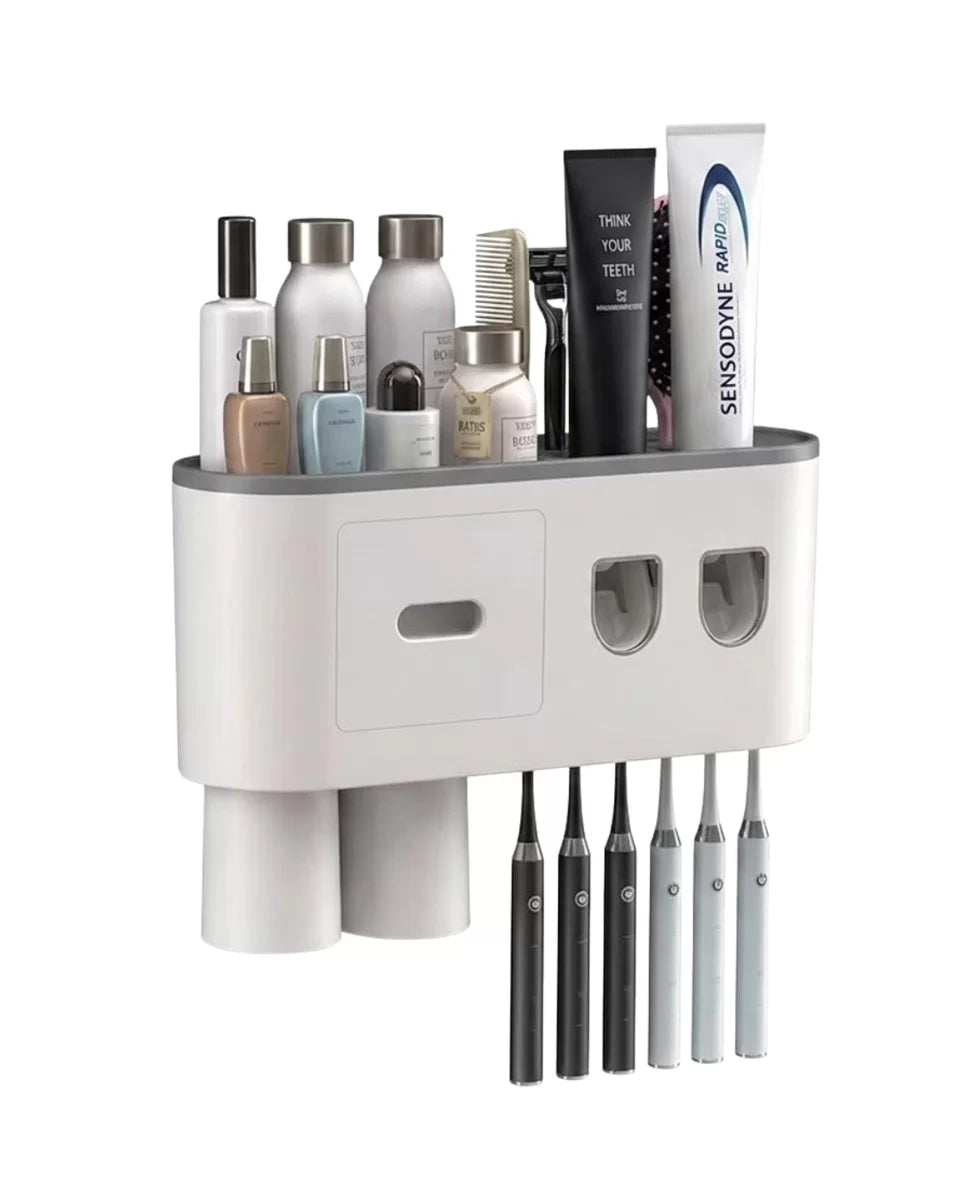 Çift Dispenserli Diş Macunu Sıkacağı 6 Fırçalık Bardaklı Banyo Organizer