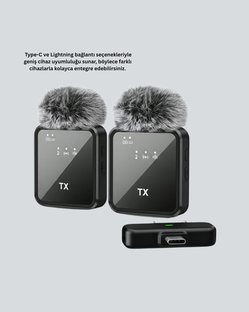 2’li Kablosuz Yaka Mikrofonu Type-C ve Lightning Uyumlu Profesyonel Set