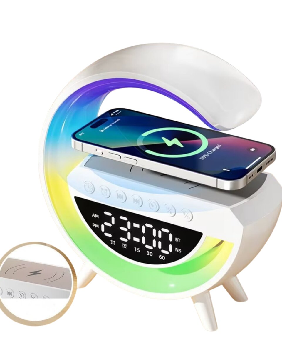 Kablosuz Şarjlı LED Işıklı Masa Saati Bluetooth Hoparlör Alarm Fonksiyonlu